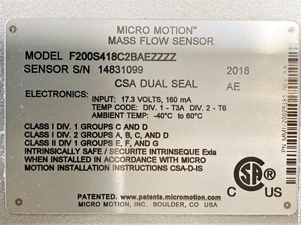 Micro Motion 2" x 1-1/2" 150# 316 Stainless Flow Meter F200S418C2BAEZZZZ (T)